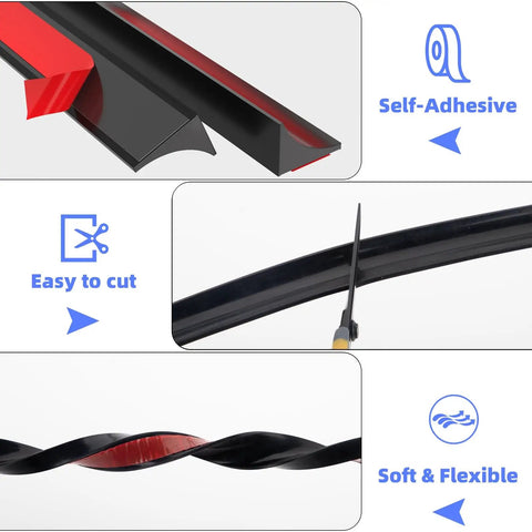 118 Inch Shower Threshold Water Dam Barrier showing self-adhesive quality, flexibility, and easy cutting process