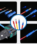 All In One 300 Piece 19 Size Electrical Crimp Connectors Go To Kit with crimp tool in use and connector examples
