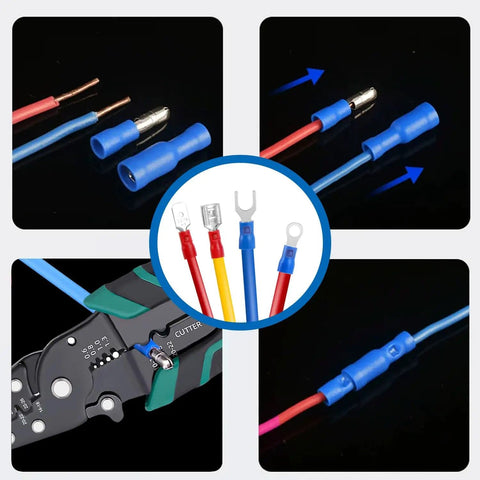 All In One 300 Piece 19 Size Electrical Crimp Connectors Go To Kit with crimp tool in use and connector examples