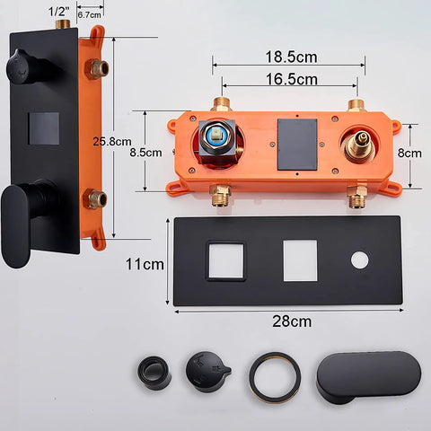 UMJIGF Shower System Black Led Digital Display Shower Faucet Set with Waterfall Tub Spout, Wall Mounted Shower Combo Set Brass Mixer Shower with Handheld Shower, 10 Inch faucet components with measurements.