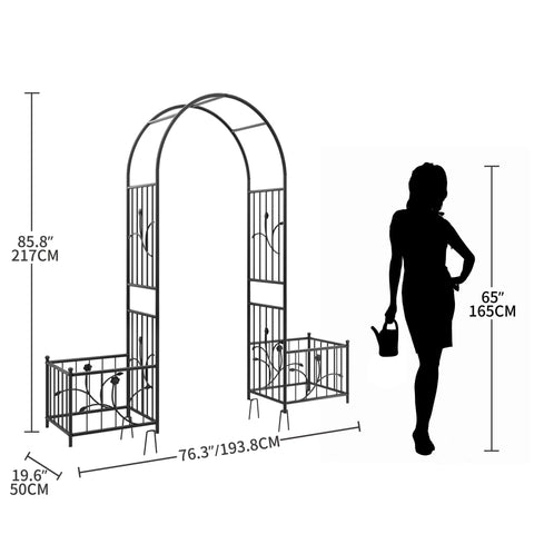 Garden Arbor With Planter Boxes 76 Inch Wide By 86 Inch High Black Metal Archway for Climbing Plants Outdoor Lawn Patio Wedding Ceremony Entrance with human size comparison.