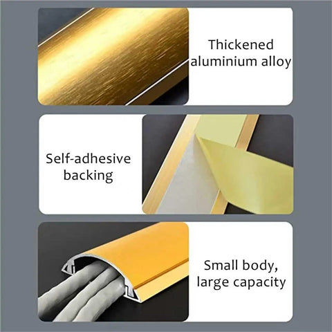 Paintable Aluminum Cable Raceway Kit With Self Adhesive Cord Cover For Floor And Wall Keeps Wires Hidden And Clutter Free Hassle Free Layout Prevents Trip Hazards 6/5 In To 8/5 In Width 10 PC Pack Each 36 In Long showing thickened alloy and adhesive backing