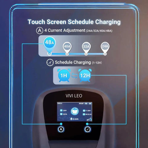 Touch screen controls on Beefed Up Level 2 EV Charger 48A 240V With 25 Ft Cable Hardwired ETL Listed For Tesla And J1772 EVs