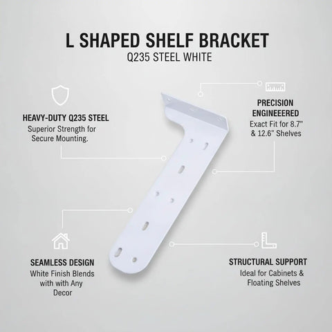 Beefy L Shaped Wall Mount Bracket for Floating Shelves Q235 Steel White with precision measurements and seamless design