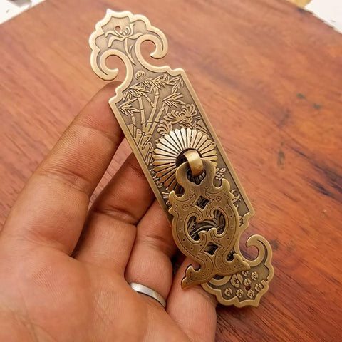 Two Pack Vintage Style Brass Pull Handles With Embossed Pattern For Bookcase Wardrobe Drawer And Double Doors, Antique Bronze Finish