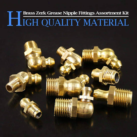 145-Piece Brass Zerk Grease Nipple Fittings Assortment Kit For Metric M6x1, M8x1, M10x1 With Straight, 90 Degree, And 45 Degree Angled Zerks
