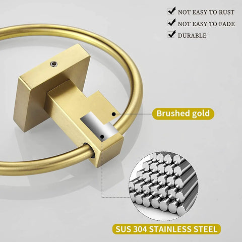Gold Toilet Paper Holder With Double Post Pivoting Design Brushed Brass Look Wall Mount Tissue Hanger For Bathroom And Kitchen Stainless Steel Construction Keeps Rolls From Slipping And Looks Slick, brushed gold detail, SUS304 stainless steel inset.