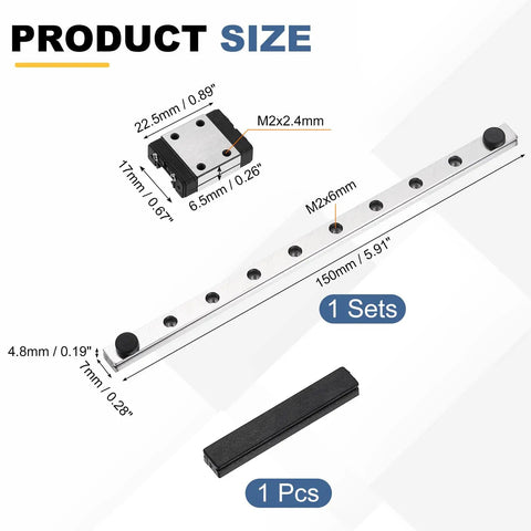 Product size diagram of MGN7 150mm Linear Sliding Rail Guide With MGN7C Carriage Block For Mini CNC Machines And 3D Printers, bearing steel