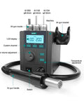 Front view of All In One Hot Air Soldering Station And Heat Gun For PCB Repair DIY Projects Pro Grade Rework Tool displayed with labels