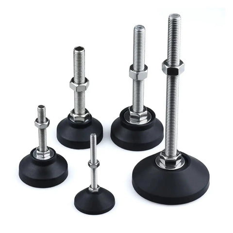 Heavy Duty Adjustable Leveling Feet With Swivel Base And Rubber Bottom For Wobbly Furniture Workbench And Machinery M8 M10 M12 Thread Articulating Stabilizer Pads in various sizes