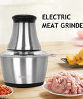 Heavy Duty 350W Electric Meat Grinder And Food Chopper with Stainless Steel Blades on kitchen counter with minced meat.