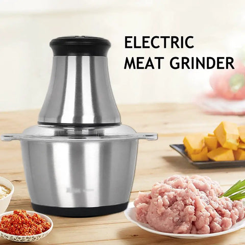 Heavy Duty 350W Electric Meat Grinder Minicer With Stainless Steel Blades And Food Grade Bowl For Home Kitchen on wooden countertop with minced meat.