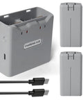 Two Pack Intelligent Flight Battery With Two Way Charging Hub For DJI Mini 4K Mini 2 Mini SE And Mini 2 SE Drones Delivers Up To 31 Minutes Of Flight Time 2400mAh 7 7 Volt Replacement Battery Fly More Kit shown with two batteries and cables