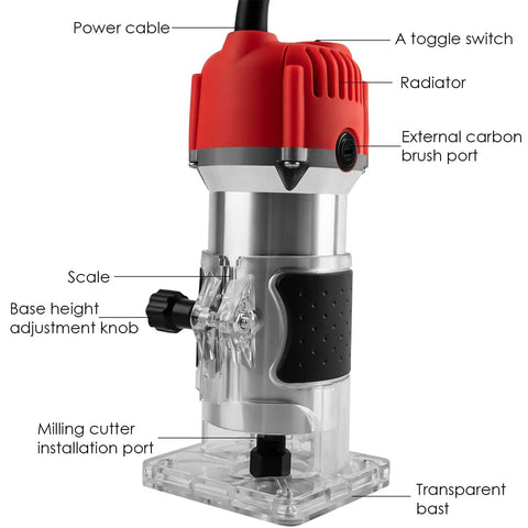 Compact Palm Wood Router Kit 110V 800W Electric Hand Trimmer with clear base and scale view for precise edge finishing.