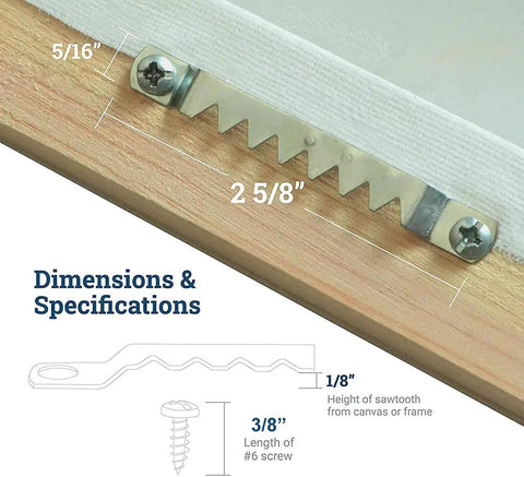 Large Sawtooth Picture Hangers With Screws For Canvas Steel With Zinc Finish Silver 10 Pack Includes 20 Pan Head Phillips Screws No Fuss Mount for Frames and Wall Art showing dimensions and specifications