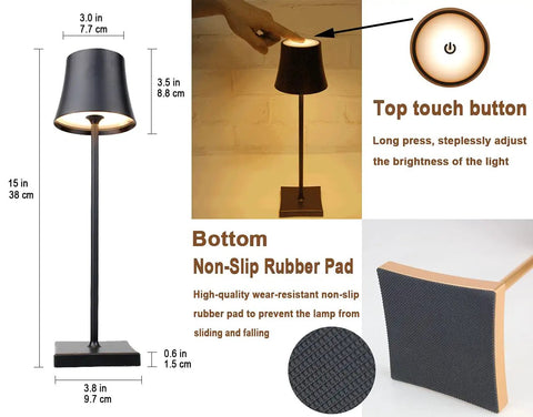 Rechargeable Cordless LED Table Lamp With 5200mAh Battery, All Aluminum Body, IP54 Waterproof, Warm Light, Touch Dimming, Black
