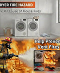 Firefighter extinguishing flames near washing machines, promoting Pro Grade Dryer Vent Cleaner Kit With Vacuum Hose Attachment Brush