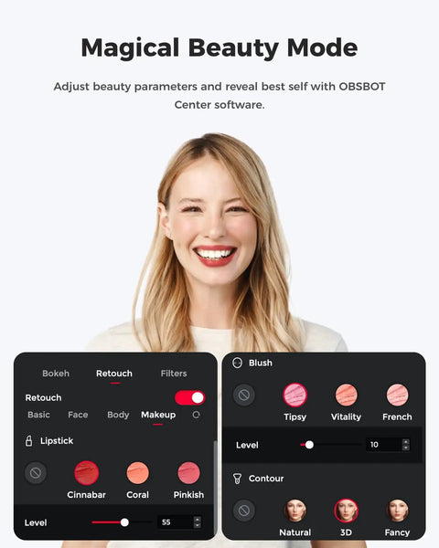 Next Level 4K USB Camera For PC With Plug And Play Setup Killer AI Autofocus And Smooth Auto Tracking Built For Twitch Streamers Content Makers And Hyped Gaming Sessions On Desktop Laptops showcasing beauty settings and filters.