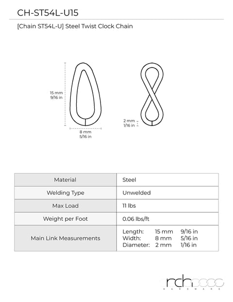 Diagram of 12 Gauge Solid Steel Twist Link Fixture Chain dimensions and specifications for pendants and decor, 164 ft reel.