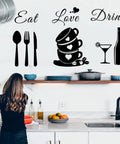 Kitchen wall stickers peel and stick vinyl decals with 'Eat Love Drink' text and kitchenware icons above counter.