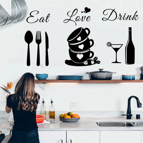 Kitchen wall stickers peel and stick vinyl decals with 'Eat Love Drink' text and kitchenware icons above counter.