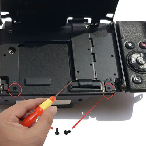 Top Shelf Camera Screen Mount Screws For Canon G7X G7X2 G7XIII 4 Piece Repair Kit With Screwdriver in use on camera.