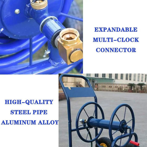Hella Sturdy Heavy Duty Metal Hose Reel Cart With Smooth Rolling Four Wheels includes durable steel pipe and aluminum alloy connector.