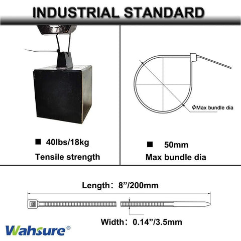 Industrial diagram showing Heavy Duty 8 Inch Green Cable Zip Ties 100 Pack tensile strength of 40lbs and max bundle diameter of 50mm.