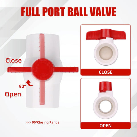 Diagram showing Two Pack 2 Inch PVC Ball Valves With T Handle No Fuss Water Shut Off Slip Socket Fittings, open and closed positions.