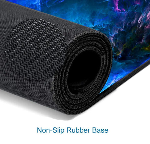 Close-up of Ultra Wide Galaxy Desk Pad For Gaming And Work Non Slip Rubber Base Mouse Pad 31.5x11.8 Inch with stitched edges rolled up