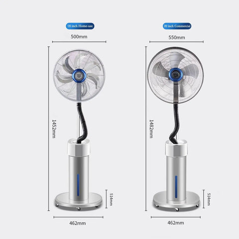Two Badass Industrial Floor Fans Packed With Serious Airflow And Quick Cooling Mist Spray, 18 and 20 inch sizes for versatile use.