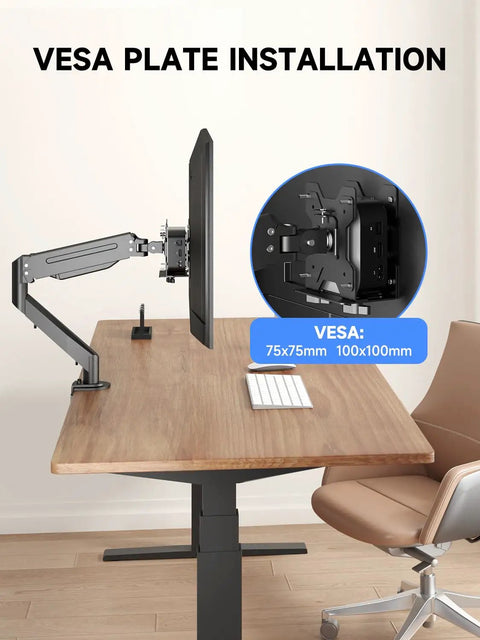Boss Grade Adjustable Mini Pc Mount Bracket Vesa Under Desk And Monitor Arm Computer Holder securing a monitor at a desk.