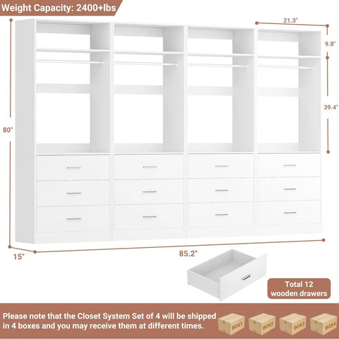 A Portable Modular Closet Organization System With Twelve Sturdy Wood Drawers And Rollers Helps You Kick Clutter To The Curb While Offering Heavy Duty Storage For All Your Threads Across Four Pieces