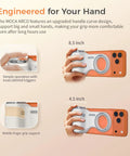Phone Camera Grip For iPhone Pro Max With Thumb Rest Enhanced Mount And Detachable Remote showing ergonomic design for comfort.
