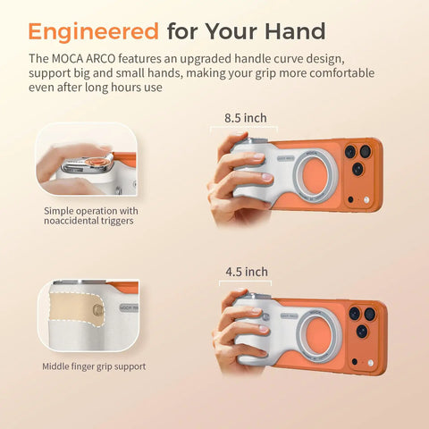 Phone Camera Grip For iPhone Pro Max With Thumb Rest Enhanced Mount And Detachable Remote showing ergonomic design for comfort.