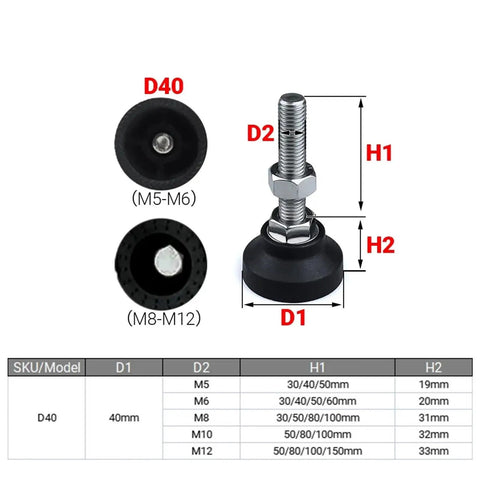 4 Pack Silver Adjustable Leveling Feet Set For Furniture With D40 Base, M5-M12 Thread, 30-150mm Height Range, No Tool Needed Setup, Nylon And Stainless Steel Construction, Anti-Slip Durable Floor Safe Levelers, size chart