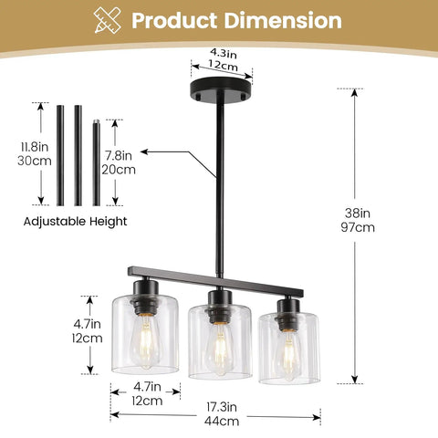 Sleek Black Three Light Kitchen Island Pendant Lamps Using Dimmable E26 Base dimensions showing adjustable height and fixture measurements.