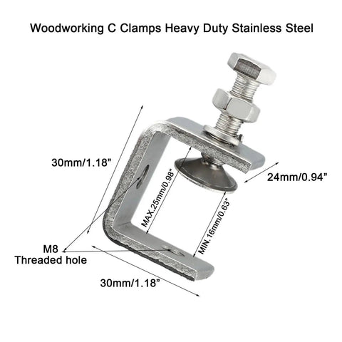 Heavy Duty Stainless Steel C Clamps for Woodworking and Welding Projects, featuring 30mm width and M8 threaded hole for secure grip.