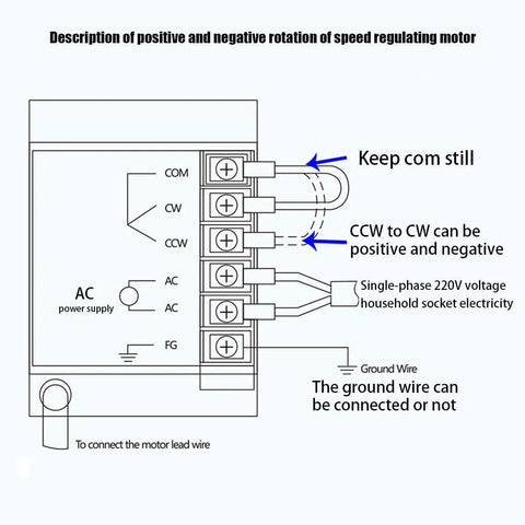 Wiring diagram for AC 110V single-phase motor speed controller with COM/CW/CCW terminals and ground
