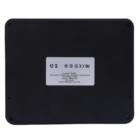 Heavy Duty Ups Power Supply With 10400Mah Portable Battery Backup back view showcasing specifications and fire-resistant shell.