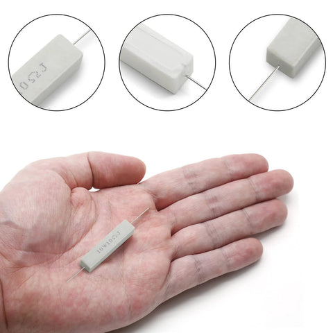 Amazon 10-pack ceramic cement power resistor, 10W 10Ω, white wirewound resistors held in hand