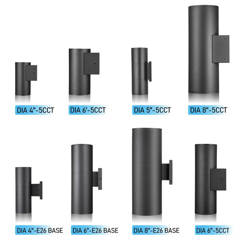 7 variations of 12 Inch LED Up Down Cylinder Outdoor Wall Light 3000K Warm White 120-277V Dimmable Aluminum Waterproof Exterior Porch Sconce ETL Listed
