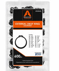 External Snap Ring Kit 600-Piece Pro Grade Steel With Phosphate Finish in plastic case showing 18 common sizes chart