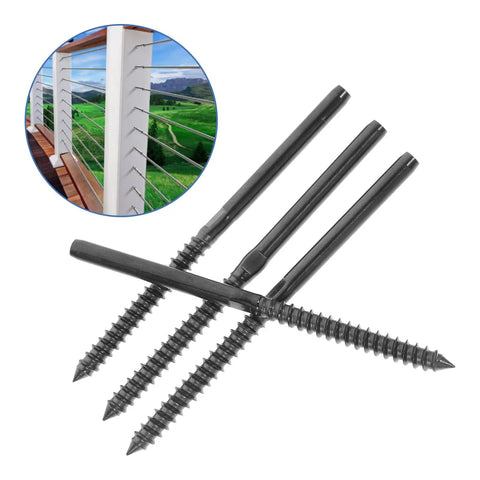 Pro Grade Stainless Steel Wire Rope Terminal Kit With Threaded Cable End Fittings For Sleek Stair And Balcony Railing Clean Look No Sweat Install Four Piece Set, showing black threaded fittings and image of railing.