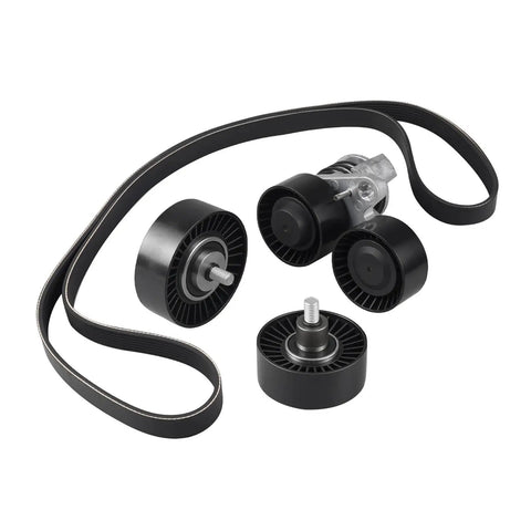 Top Grade Drive Belt Pulley Tensioner Kit For N55 Engine With Bolt Perfect Fit For BMW E90 E91 E92 E93 335i And Xdrive35i Models components including pulleys and belt.