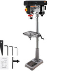 Heavy Duty 15 Inch Floor Drill Press With Rock Solid 7.5 Amp Pure Copper Motor And Slick Variable Speed Up To 3084 RPM on display with tools.