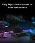 WiFi 7 PCIe Card For Desktop PC With Bluetooth 5.4, Beast Mode Tri Band Wireless Adapter with dual adjustable antennas on desk setup