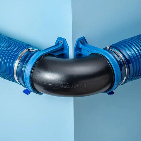 Ready Mount 4 Inch 90 Degree Dust Hose Elbow For Dust Collection Systems, Go-To Link Between Two 4 Inch Hoses, Rotates In 15 Degree Increments, Bracket Compatible, Clamps Not Included, Built Tough Aluminum Construction connected to two hoses
