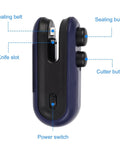 2 In 1 Bag Sealer And Cutter With Magnetic Rechargeable Power, Portable Handheld Heat Sealing Machine For Plastic Bags And Food Storage, Easy On The Go Seal That Keeps Fresh Longer, Great For Travel, Blue, showing controls and features