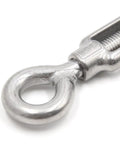 Close-up of Hardcore M12 Hook Eye Turnbuckle crafted from prime 304 stainless steel, featuring an 18mm eye for cable tensioning.